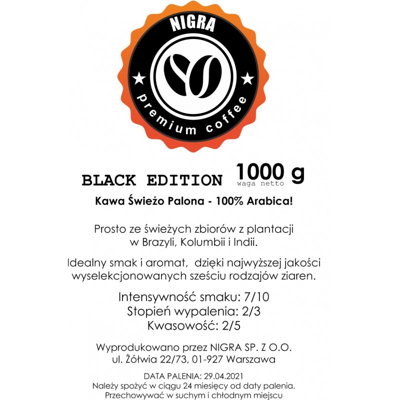 Kawa ziarnista Nigra Premium Black Edition świeżo palona 1 kg