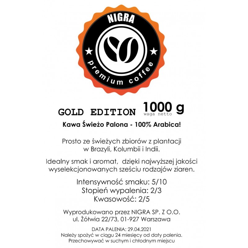 Kawa ziarnista Nigra Premium Gold Edition świeżo palona 1 kg